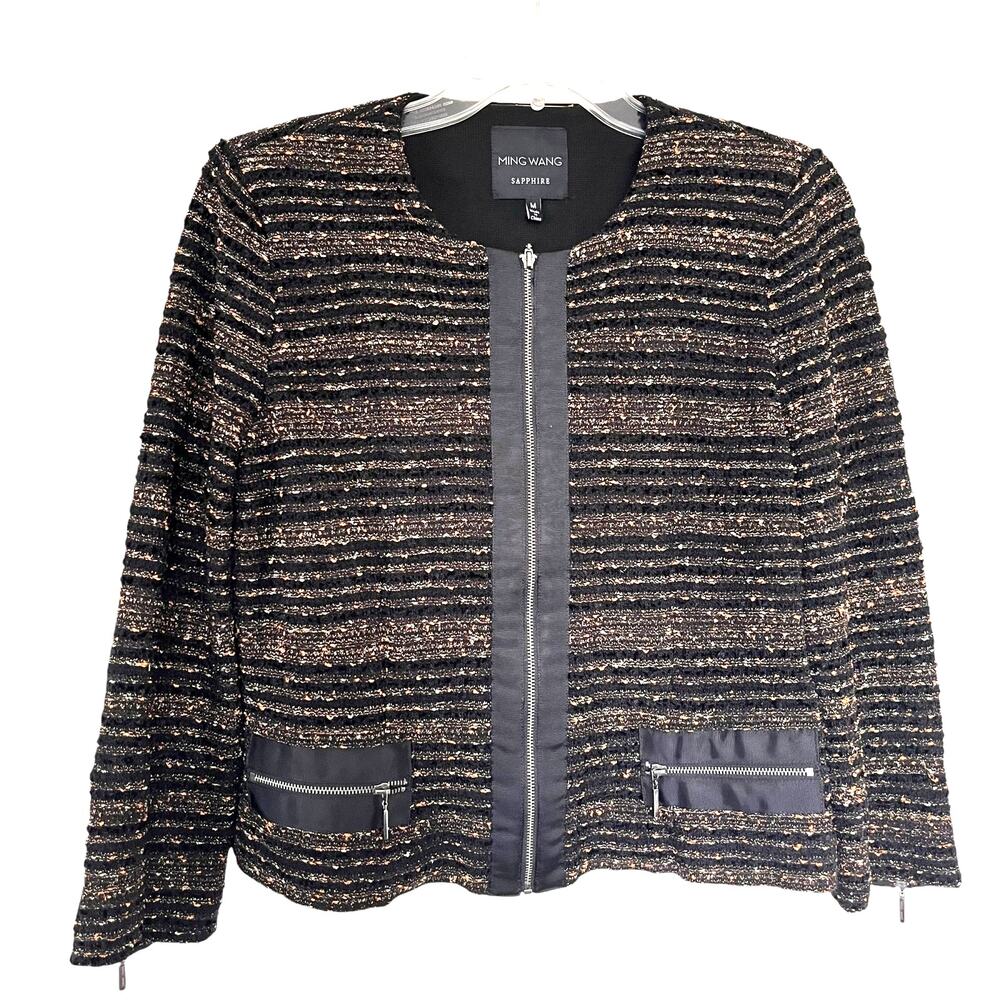 Ming Wang Sapphire Black Orange Striped Tweed Zip Up Evening Jacket Size Medium